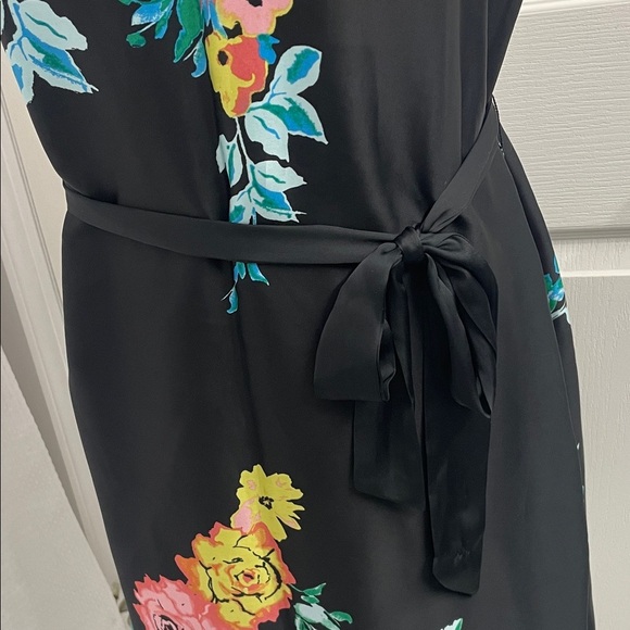 Jacob Floral Black Dress Self Tie Belt Lined Boat Neck Cap Sleeves Sz M - Picture 4 of 13